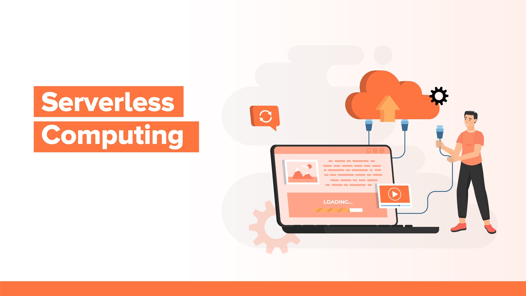 Illustration of serverless computing with a developer connecting a laptop to cloud-based infrastructure for seamless deployment.