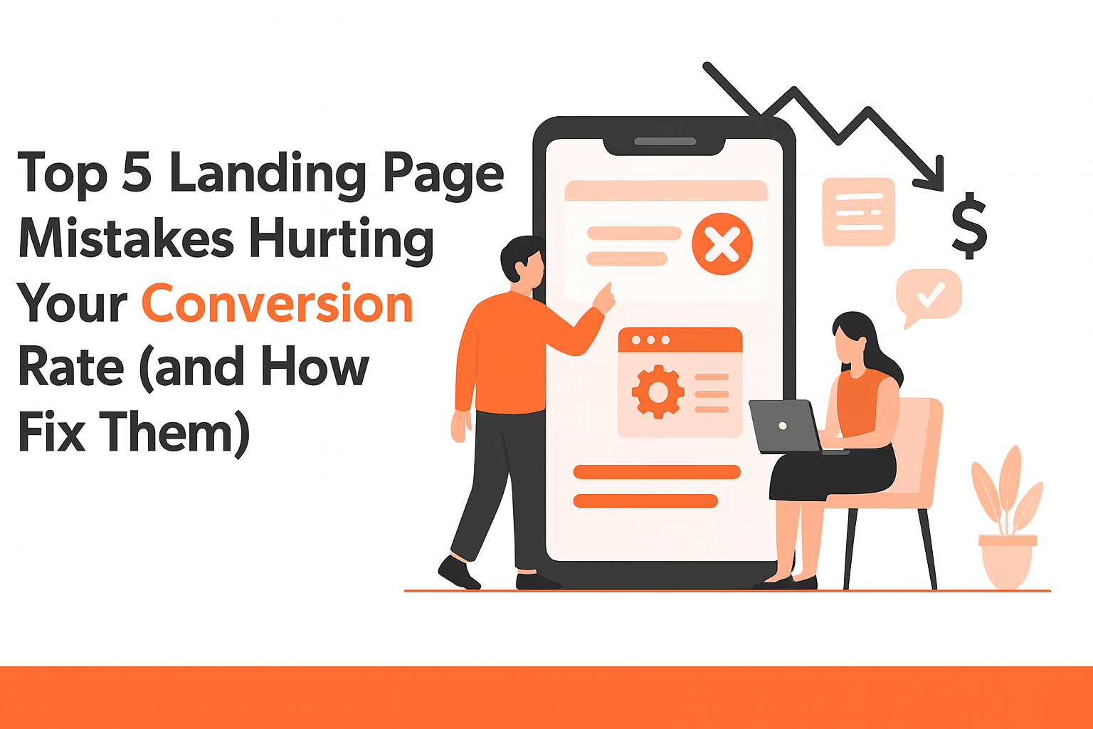 An illustration of two people reviewing a landing page on a big mobile screen, used for a blog about fixing common landing page mistakes.
