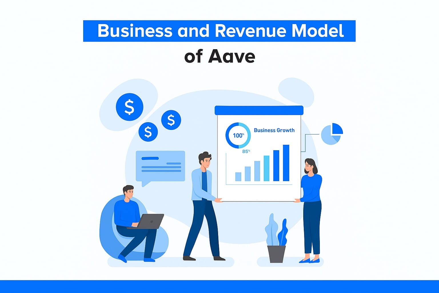 “Illustration showing Aave’s business and revenue model with people discussing growth charts.”