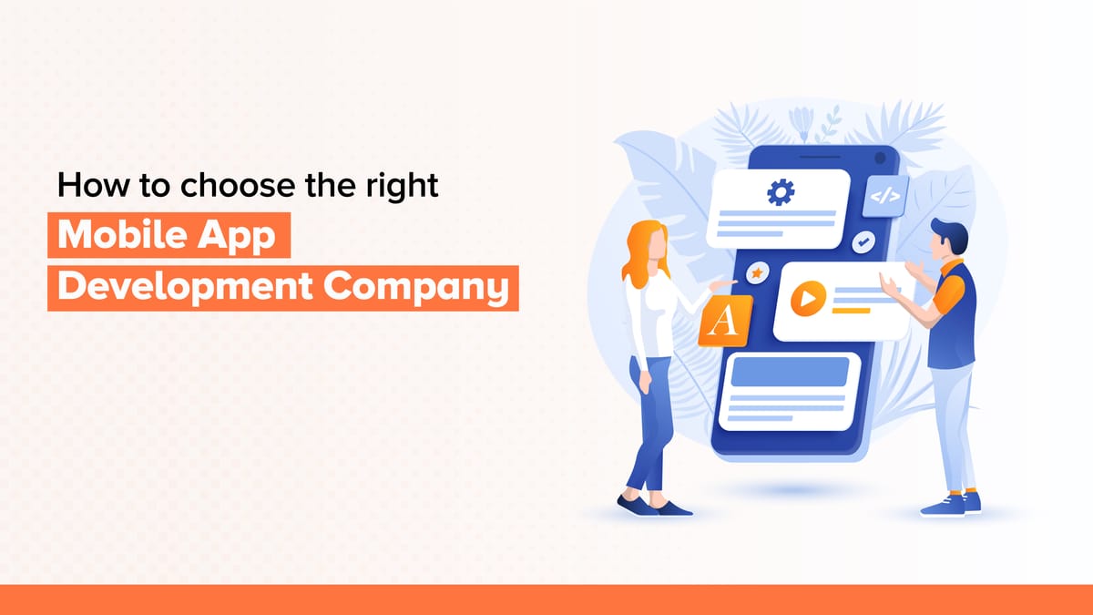 Illustration of two professionals discussing mobile app features, showing how to choose the right app development company.