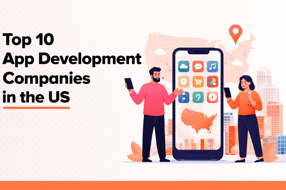 Feature image illustrating top app development companies in the US with mobile app icons, developers, and a US map.