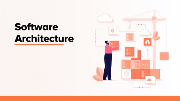 Illustration of a developer organising code blocks and cloud systems, representing modern software architecture design