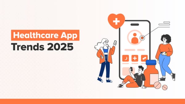 Illustration of users interacting with a digital health app interface, reflecting healthcare app development in 2025.
